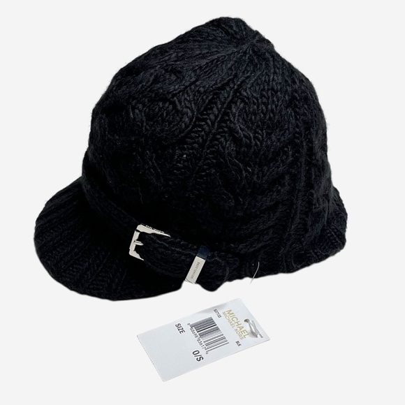 Michael Kors Cable Knit Beanie Hat With Brim Silver Detail Black OS - Picture 1 of 8